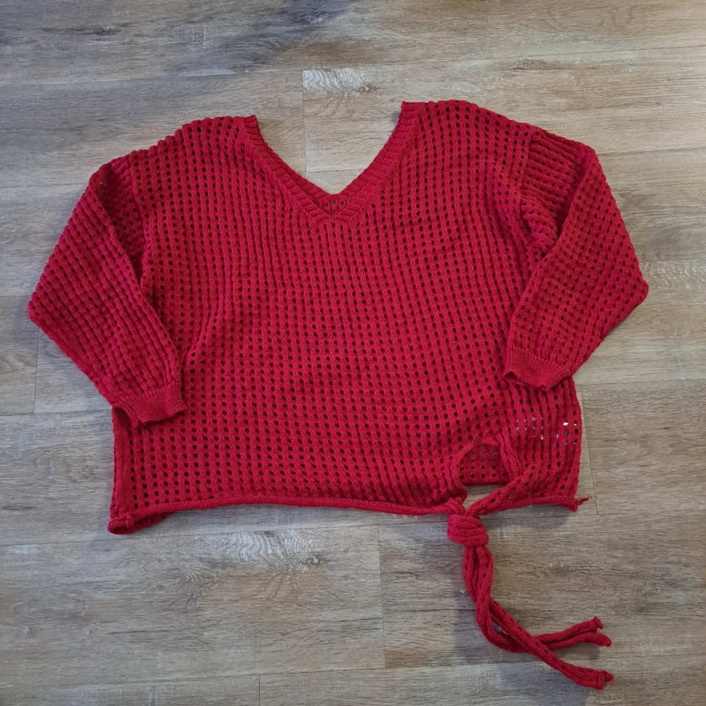 SHEIN Curve Red V-Neck Knit Sweater Relaxed Fit Tie Detail Women's Size 3XL
